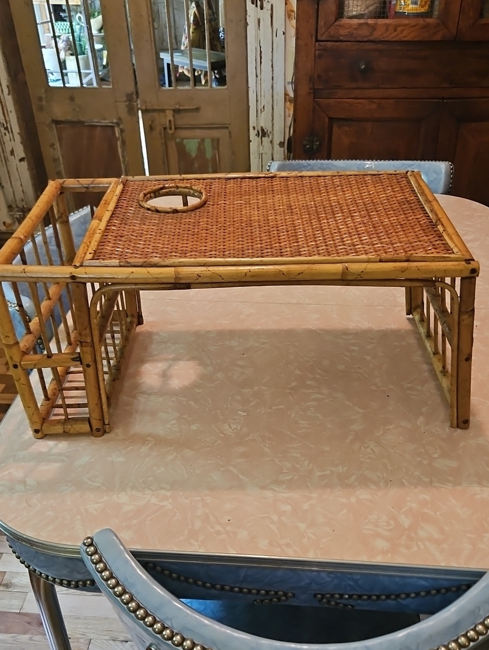 VINTAGE RATTAN BED TRAY WITH MAGAZINE HOLDER AND CUP HOLDER